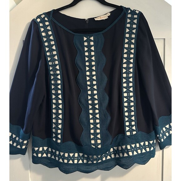 TORY BURCH Germaine Navy Teal Geometric Lace Trim Silk Blouse Top Size 12 - Picture 2 of 7